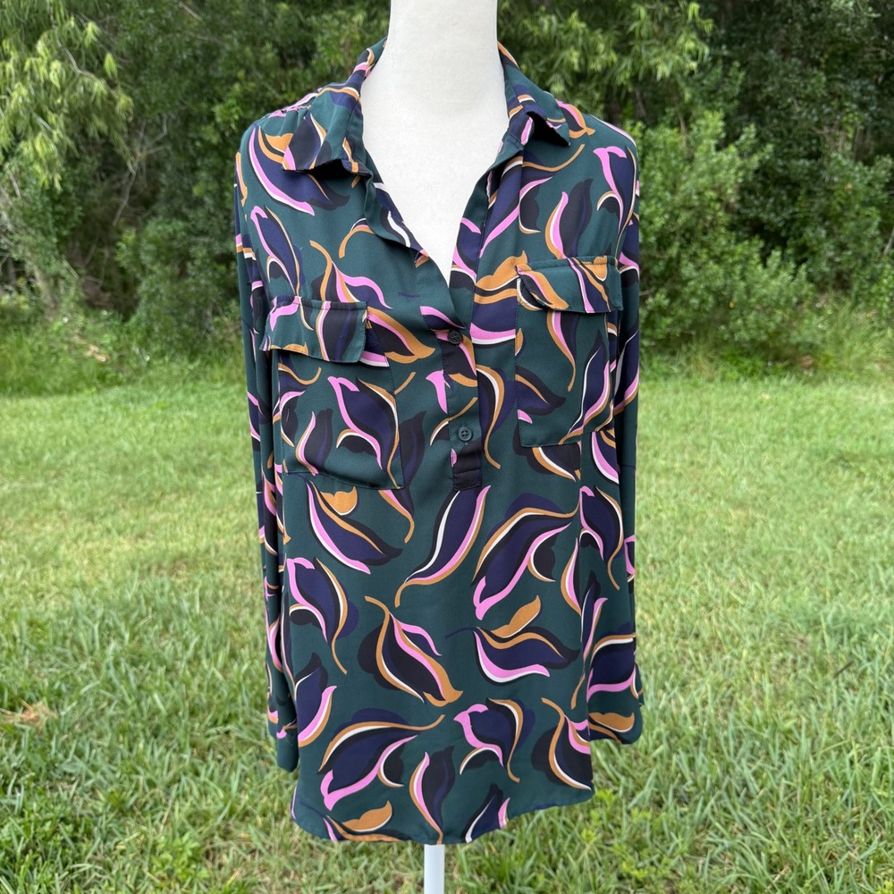 Ann Taylor Abstract Print Casual Button Front Blouse Modest Women L Green Multi